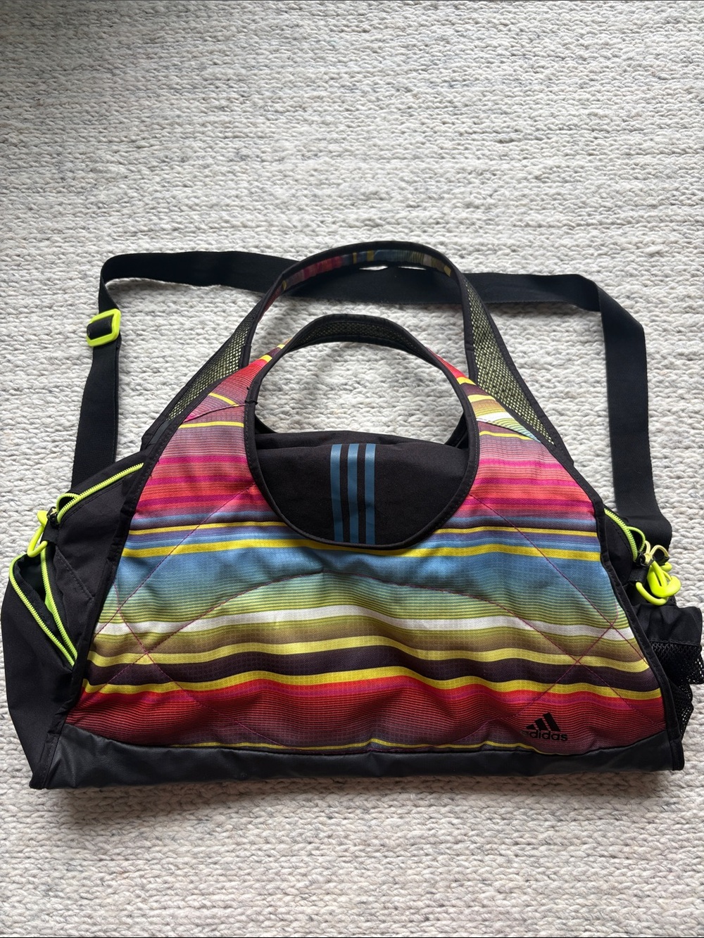 adidas Multicolor Striped Travel / Gym Duffel with Neon Accents